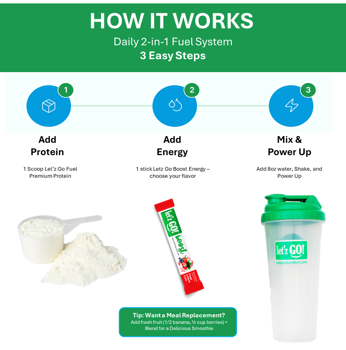 LET'Z GO 30 DAY FUEL KIT: PREMIUM PROTEIN + NATURAL ENERGY Drink Mix + FREE Shaker