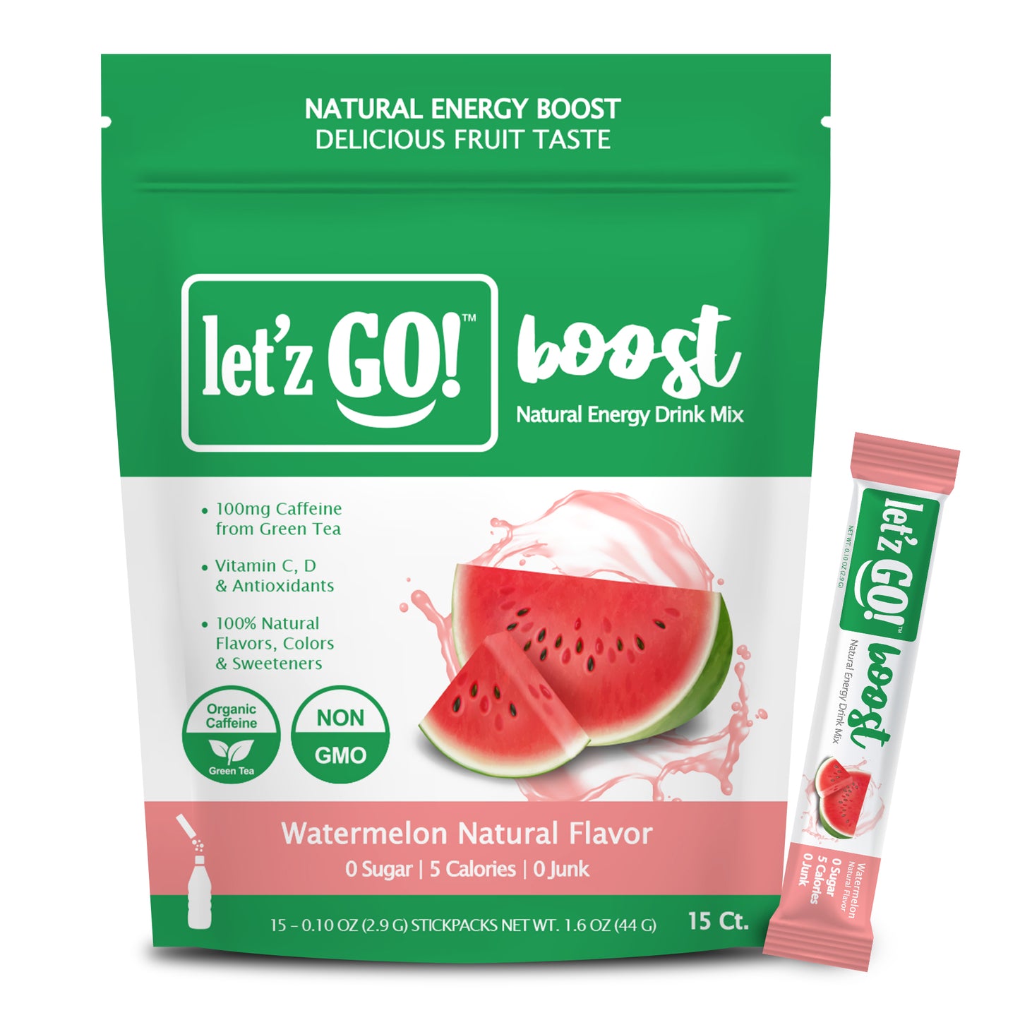 Let'z Go Boost - Watermelon - Natural Energy + Immunity Drink Mix - 15 Stickpacks