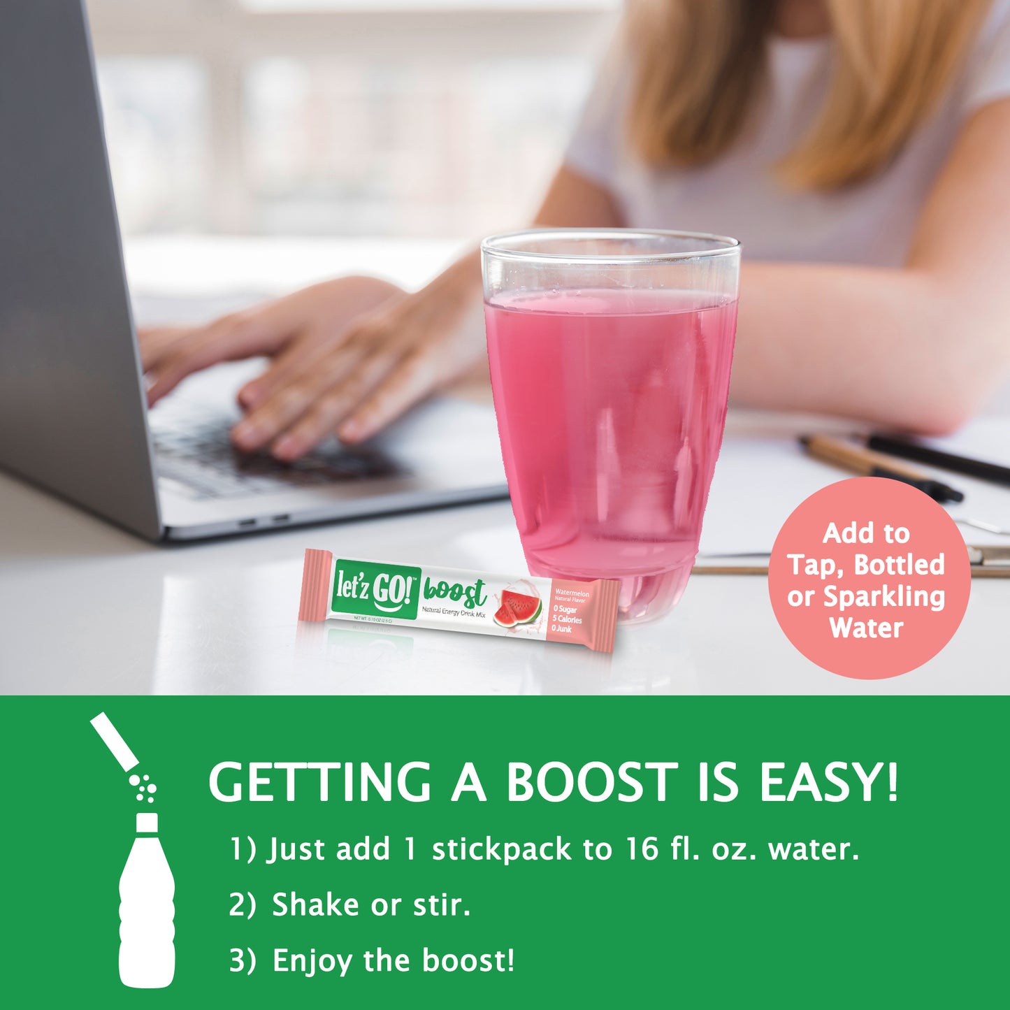 Let'z Go Boost - Watermelon - Natural Energy + Immunity Drink Mix - 15 Stickpacks