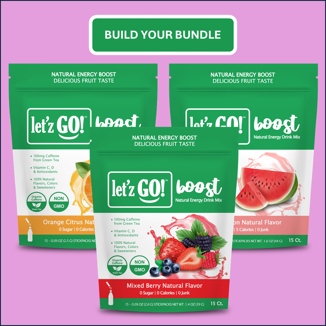 BEST SELLER BUNDLE:  Mixed Berry Energy (15ct)+ Orange Citrus Energy (15ct) + Watermelon Energy (15ct) + Immunity Drink Mix