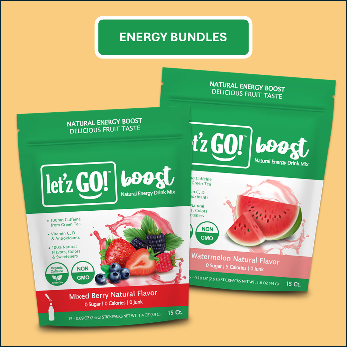 ENERGY BUNDLE:  Mixed Berry (15ct)+ Watermelon (15ct) Energy Boost + Immunity Drink Mix
