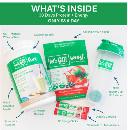LET'Z GO 30 DAY FUEL KIT: PREMIUM PROTEIN + NATURAL ENERGY Drink Mix + FREE Shaker