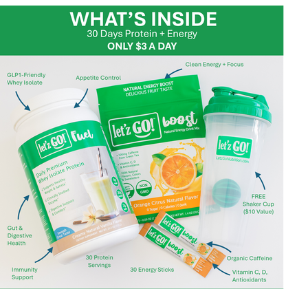 LET'Z GO 30 DAY FUEL KIT: PREMIUM PROTEIN + NATURAL ENERGY Drink Mix + FREE Shaker