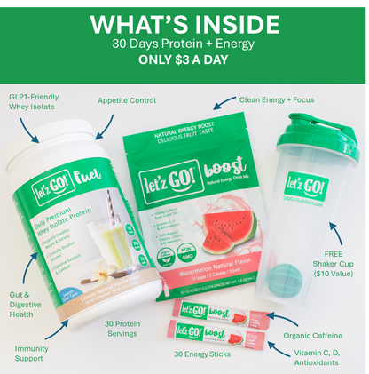 LET'Z GO 30 DAY FUEL KIT: PREMIUM PROTEIN + NATURAL ENERGY Drink Mix + FREE Shaker