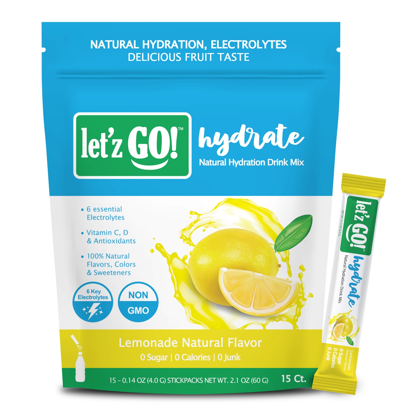 Let'z Go Hydrate - Lemonade - Natural Hydration Drink Mix - 15 Stickpacks