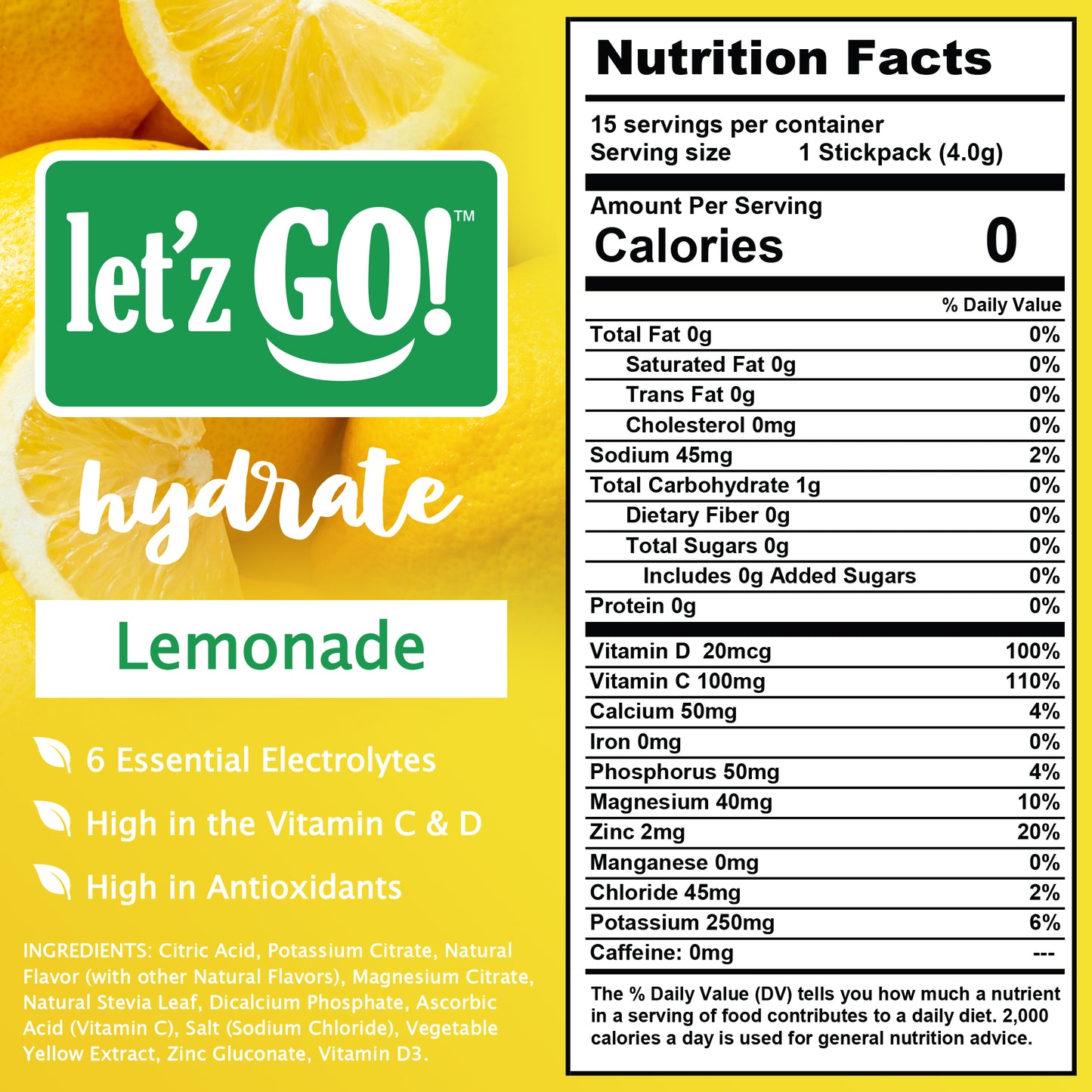 Let'z Go Hydrate - Lemonade - Natural Hydration Drink Mix - 15 Stickpacks