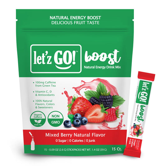 Let'z Go Boost - Mixed Berry - Natural Energy Drink Mix is all-natural, made with great-tasting fruit flavors, no calories, no sugar, and no artificial ingredients.