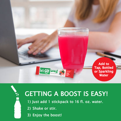 Getting a Boost from Let'z Go is easy - just add a stickpack to 16 oz. of water, shake or stir, and enjoy!