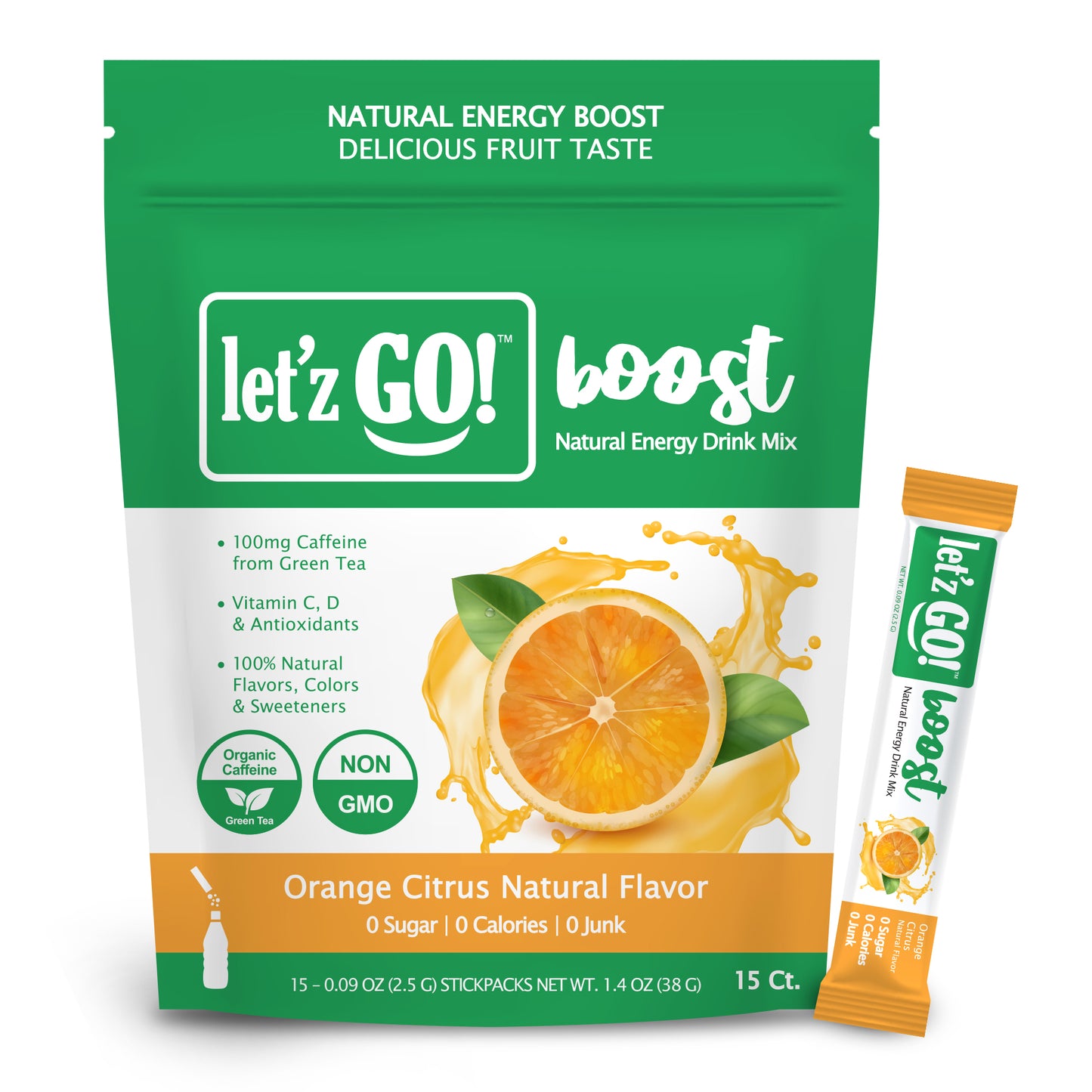 Let'z Go Boost - Orange Citrus - Natural Energy Drink Mix is all-natural, made with great-tasting fruit flavors, no calories, no sugar, and no artificial ingredients.