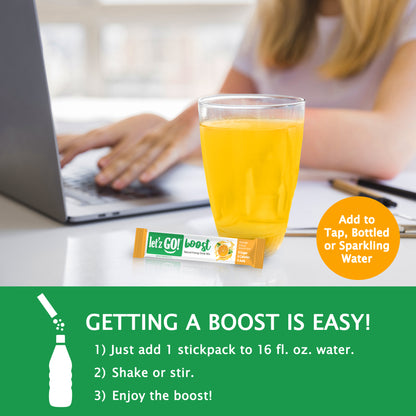 Getting a Boost from Let'z Go is easy - just add a stickpack to 16 oz. of water, shake or stir, and enjoy!