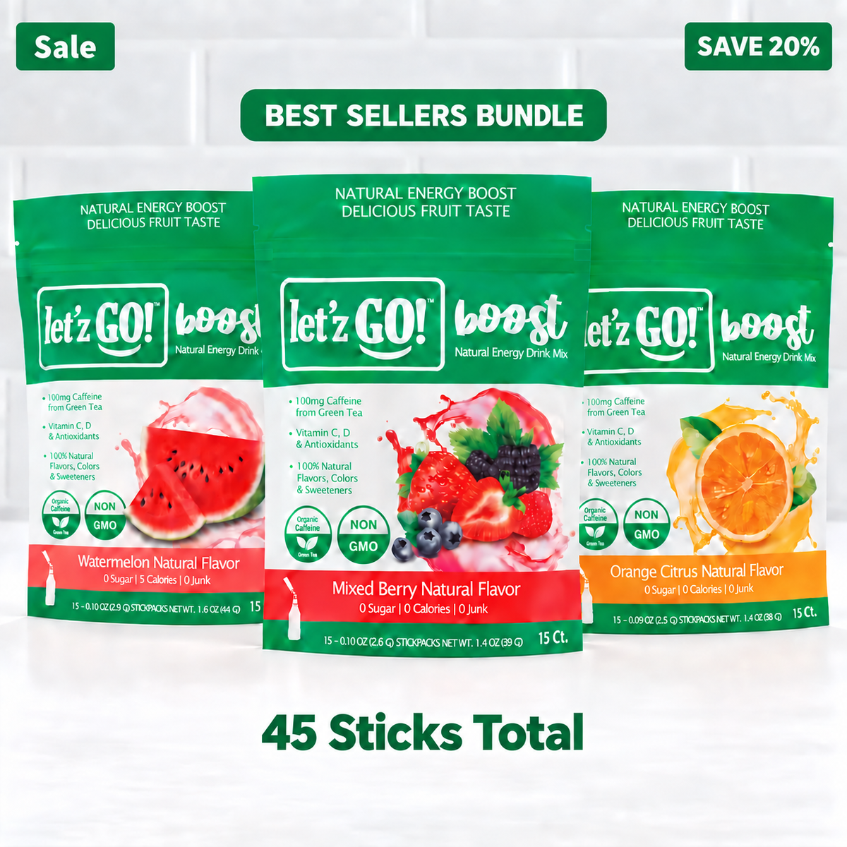 BEST SELLER BUNDLE:  Mixed Berry Energy (15ct)+ Orange Citrus Energy (15ct) + Watermelon Energy (15ct) + Immunity Drink Mix - Save 20%