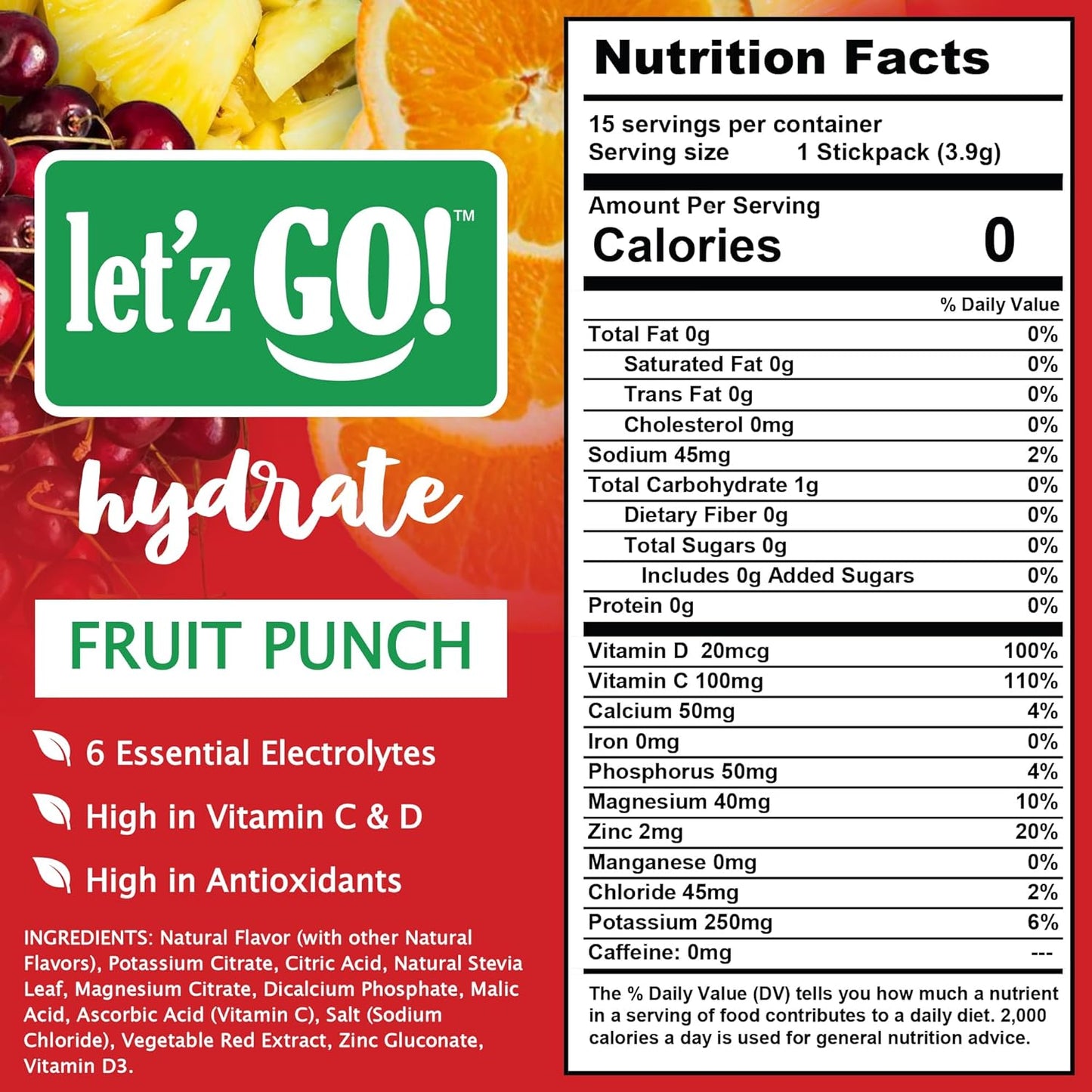 Let'z Go Hydrate - Fruit Punch - Natural Hydration Drink Mix - 15 Stickpacks