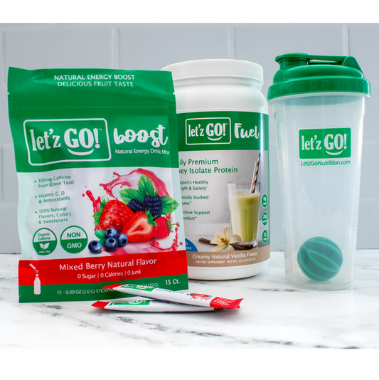 LET'Z GO 30 DAY FUEL KIT: PREMIUM PROTEIN + NATURAL ENERGY Drink Mix + FREE Shaker