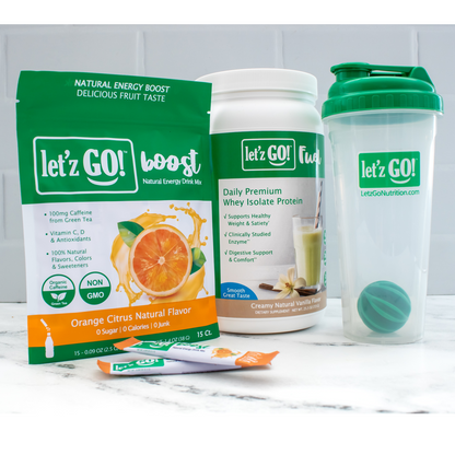 LET'Z GO 30 DAY FUEL KIT: PREMIUM PROTEIN + NATURAL ENERGY Drink Mix + FREE Shaker